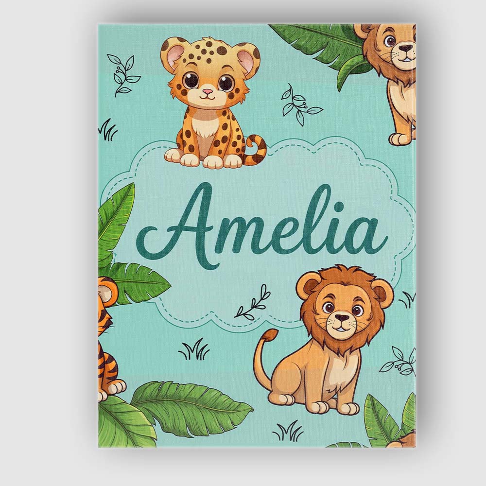 Personalised Name Cute Jungle Animals Lion Tiger Leopard Teal Custom Contemporary Display Canvas Wall Art Print Decor Picture Ready to Hang