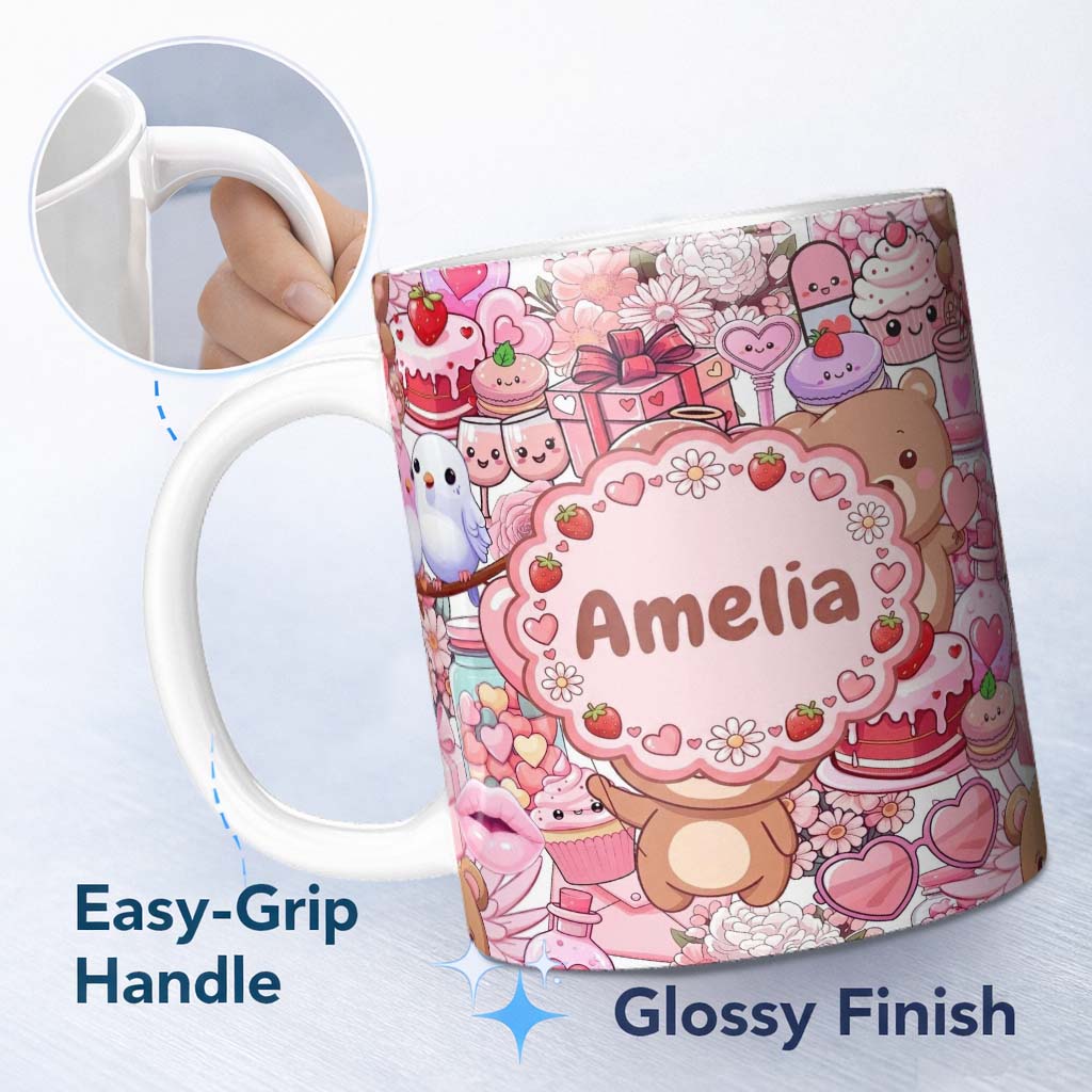 Personalized Custom Name Cute Teddy Bears Cakes Flowers White Background Seamless Pattern 11oz Ceramic Coffee Tea Mug White Large Handle