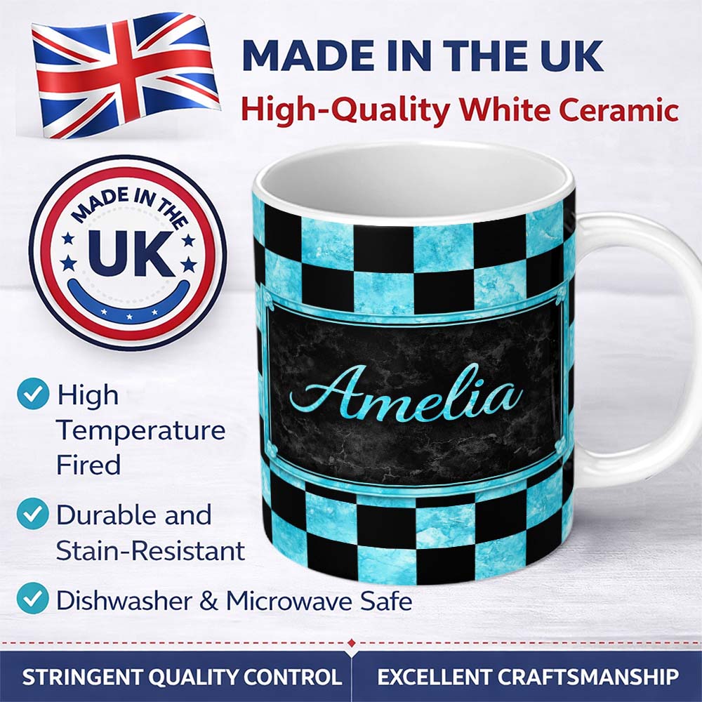 Personalized Custom Name Wavy Checkered Black Teal Abstract Pattern Thoughtful Gift Idea 11oz Ceramic Coffee Tea Mug White Large Handle