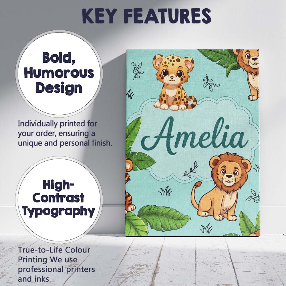 Personalised Name Cute Jungle Animals Lion Tiger Leopard Teal Custom Contemporary Display Canvas Wall Art Print Decor Picture Ready to Hang