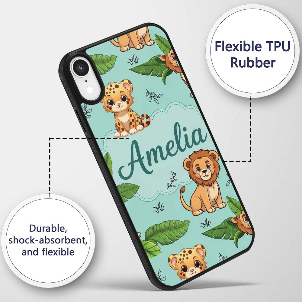 Cute Jungle Animals Lion Tiger Printed Design Custom Name Protective Phone Case Mobile Cover Durable Everyday Smartphone Shock Resistant