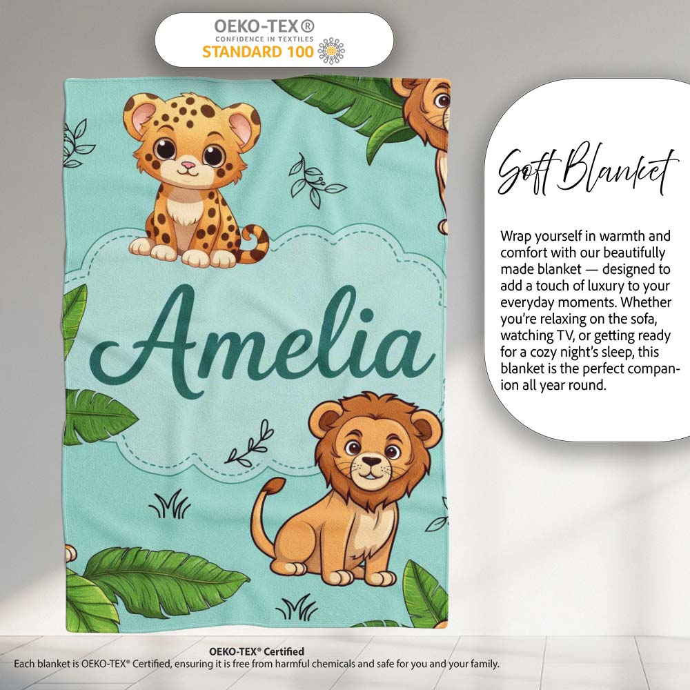 Cute Jungle Animals Lion Tiger Leopard Teal Background Tropical Personalised Custom Name Super Soft Fleece Blanket Bed Sofa Throw
