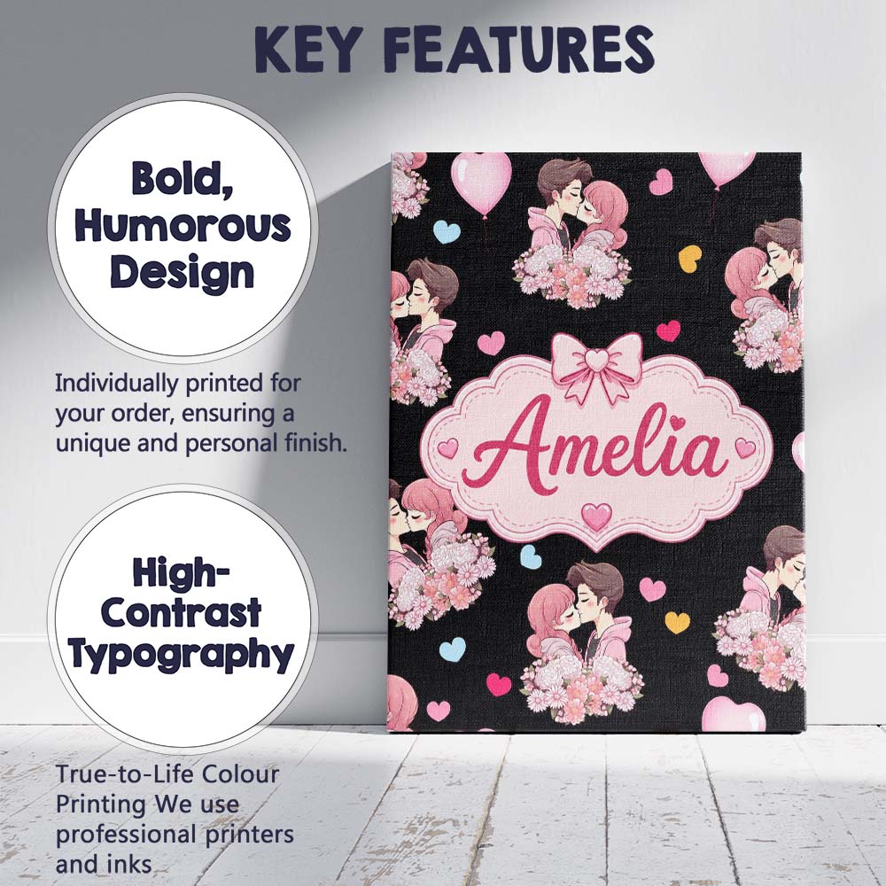 Personalised Name Romantic Couple Kissing Custom Unique Gift Idea Elegant Feature Canvas Wall Art Print Decor Picture Ready to Hang