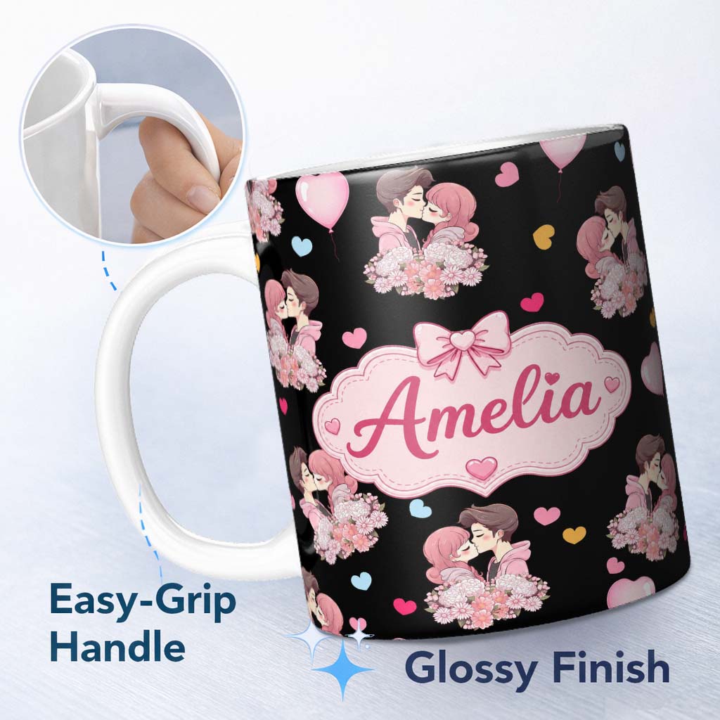 Personalized Custom Name Romantic Couple Kissing Hearts Balloons Cute Seamless Pattern Name 11oz Ceramic Coffee Tea Mug White Large Handle