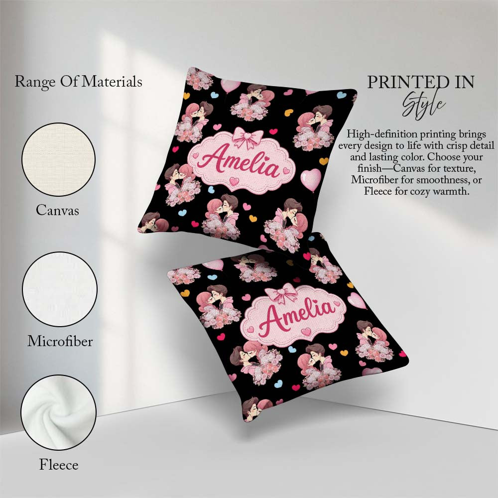Custom Name Romantic Couple Kissing Hearts Balloons Pattern Name Square Filled Cushion Throw Pillow Sofa Bed Home Decor Zip Washable UK Made