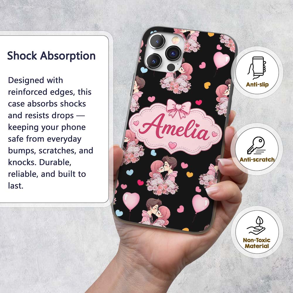 Romantic Couple Kissing Hearts Balloons Cute Custom Name Protective Phone Case Mobile Cover Durable Everyday Smartphone Shock Resistant