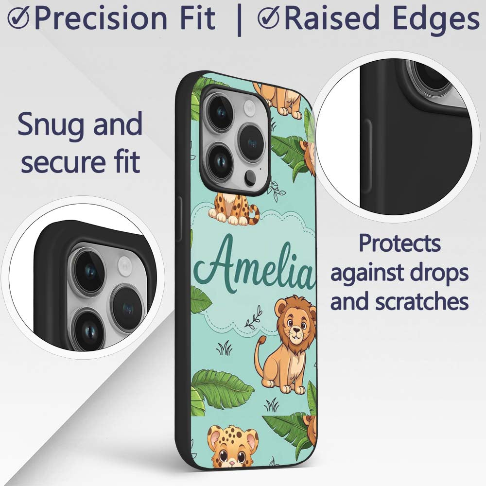 Cute Jungle Animals Lion Tiger Printed Design Custom Name Protective Phone Case Mobile Cover Durable Everyday Smartphone Shock Resistant