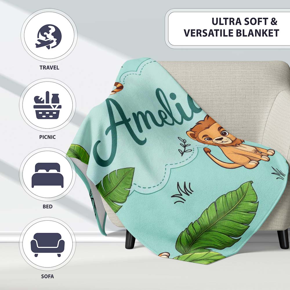 Cute Jungle Animals Lion Tiger Leopard Teal Background Tropical Personalised Custom Name Super Soft Fleece Blanket Bed Sofa Throw