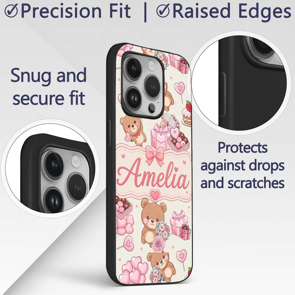 Cute Teddy Bears Gifts Hearts Valentines Seamless Custom Name Protective Phone Case Mobile Cover Durable Everyday Smartphone Shock Resistant