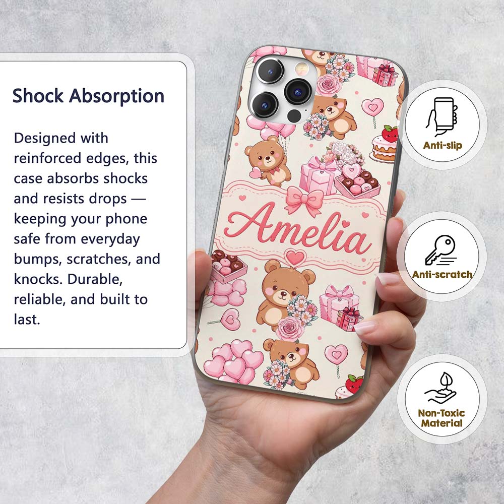 Cute Teddy Bears Gifts Hearts Valentines Seamless Custom Name Protective Phone Case Mobile Cover Durable Everyday Smartphone Shock Resistant