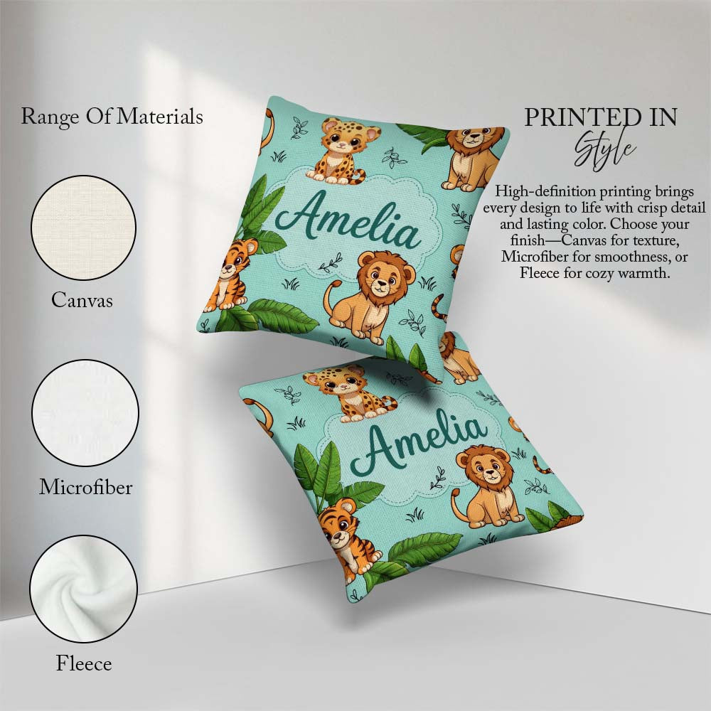 Custom Name Cute Jungle Animals Lion Tiger Leopard Teal Tropical Square Filled Cushion Throw Pillow Sofa Bed Home Decor Zip Washable UK Made