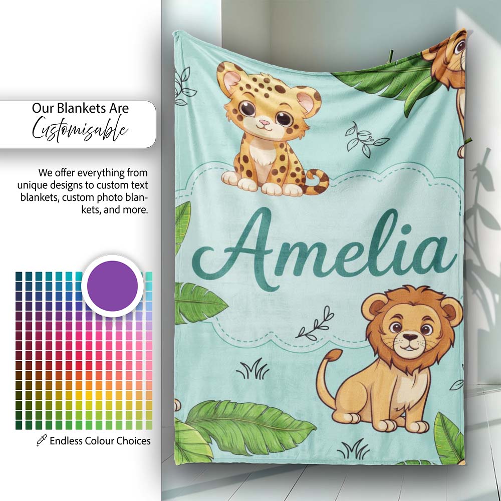 Cute Jungle Animals Lion Tiger Leopard Teal Background Tropical Personalised Custom Name Super Soft Fleece Blanket Bed Sofa Throw