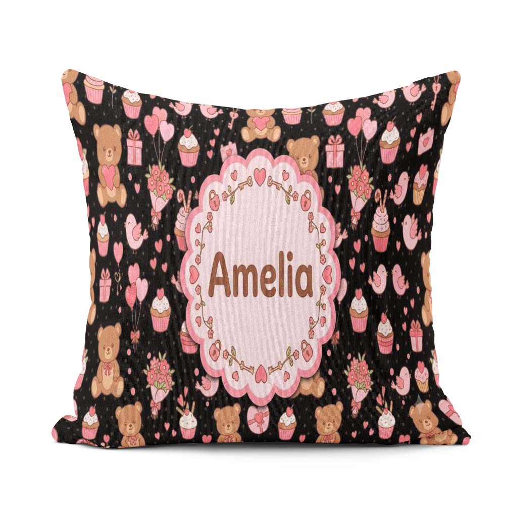 Custom Name Teddy Bears Gifts Hearts Black Seamless Pattern Name Square Filled Cushion Throw Pillow Sofa Bed Home Decor Zip Washable UK Made