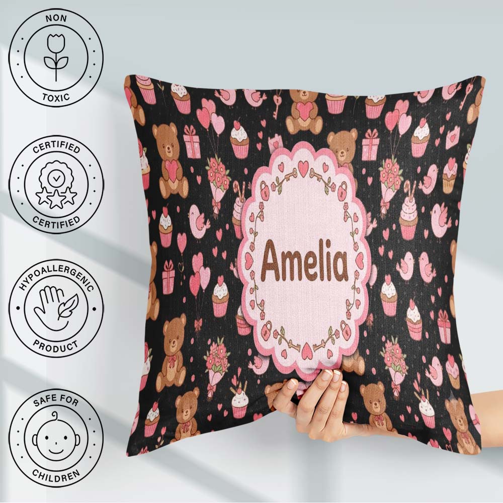Custom Name Teddy Bears Gifts Hearts Black Seamless Pattern Name Square Filled Cushion Throw Pillow Sofa Bed Home Decor Zip Washable UK Made