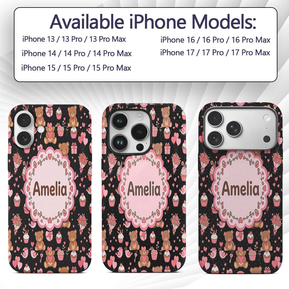 Cute Teddy Bears Gifts Hearts Black Background Custom Name Protective Phone Case Mobile Cover Durable Everyday Smartphone Shock Resistant