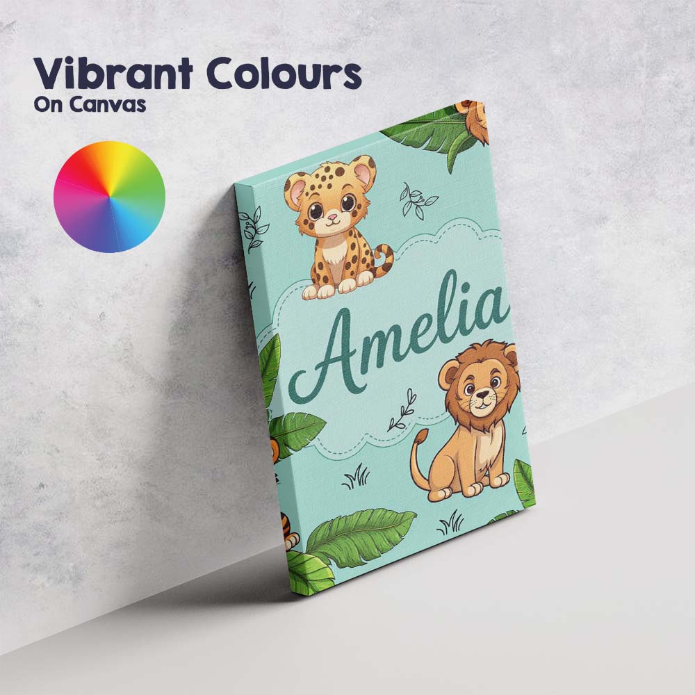 Personalised Name Cute Jungle Animals Lion Tiger Leopard Teal Custom Contemporary Display Canvas Wall Art Print Decor Picture Ready to Hang