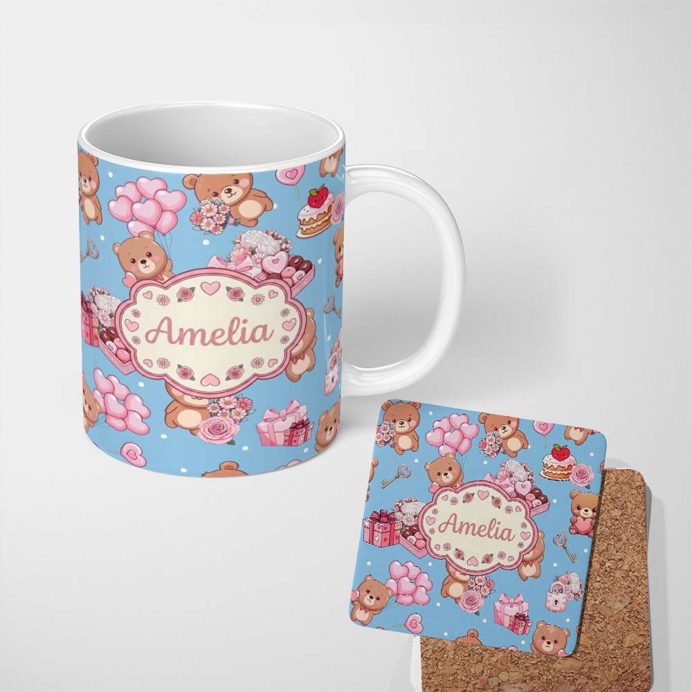 Personalized Custom Name Cute Teddy Bears Gifts Hearts Blue Background Seamless Pattern 11oz Ceramic Coffee Tea Mug White Large Handle