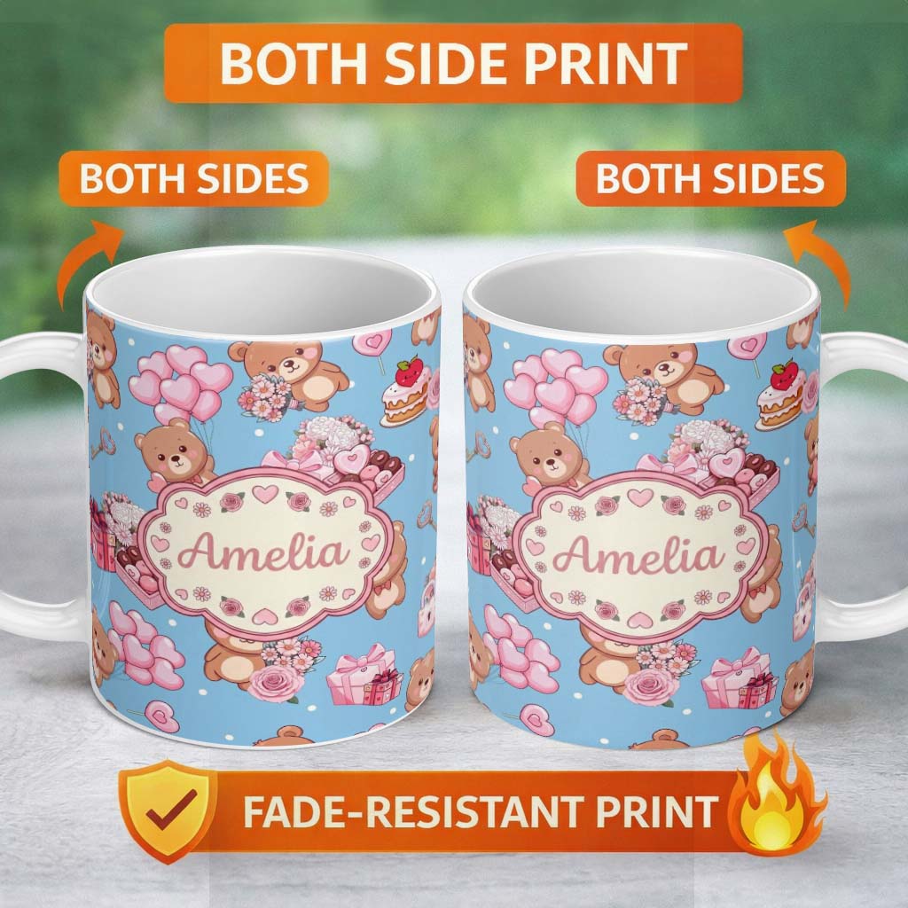 Personalized Custom Name Cute Teddy Bears Gifts Hearts Blue Background Seamless Pattern 11oz Ceramic Coffee Tea Mug White Large Handle