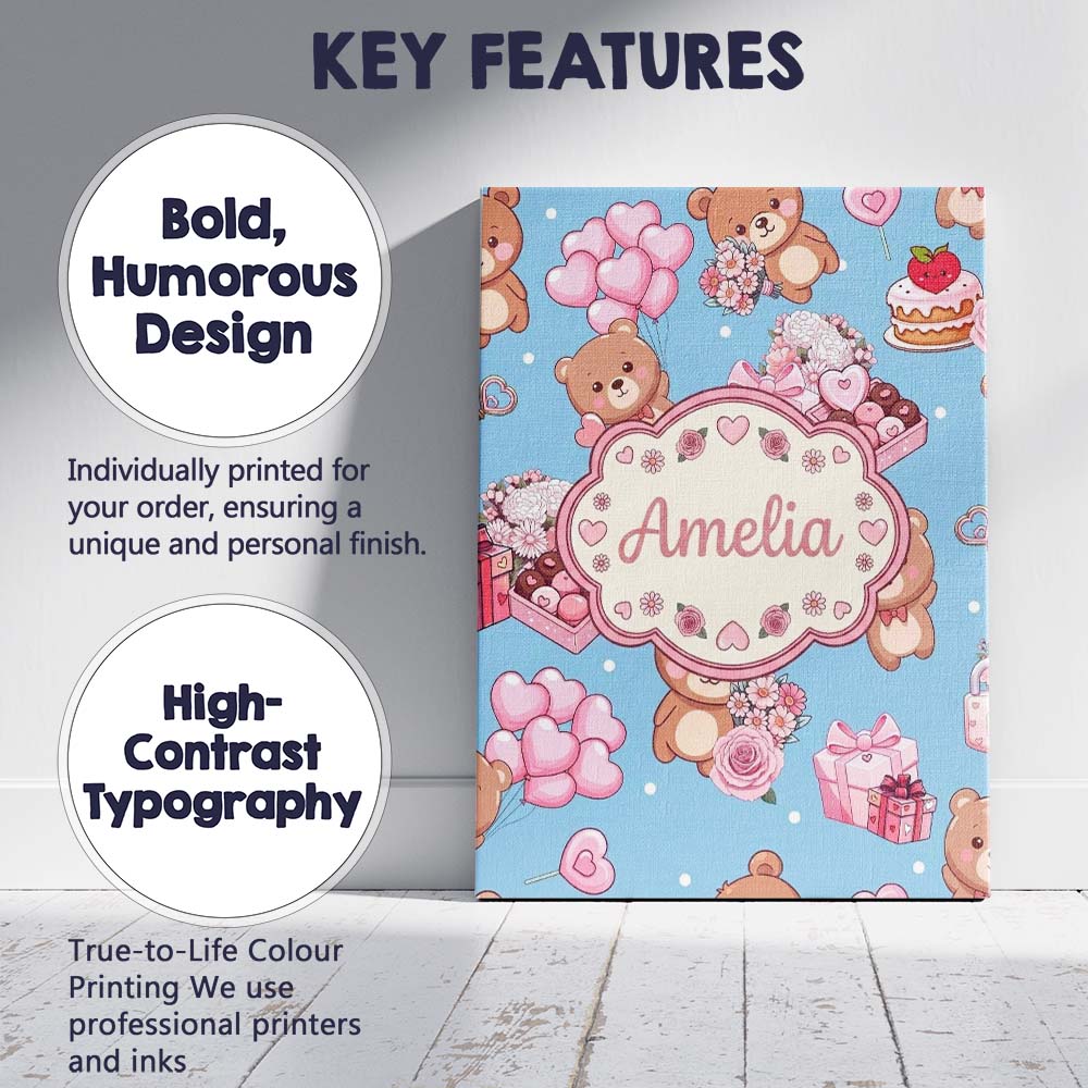 Personalised Name Cute Teddy Bears Gifts Custom Unique Gift Idea Elegant Feature Canvas Wall Art Print Decor Picture Ready to Hang