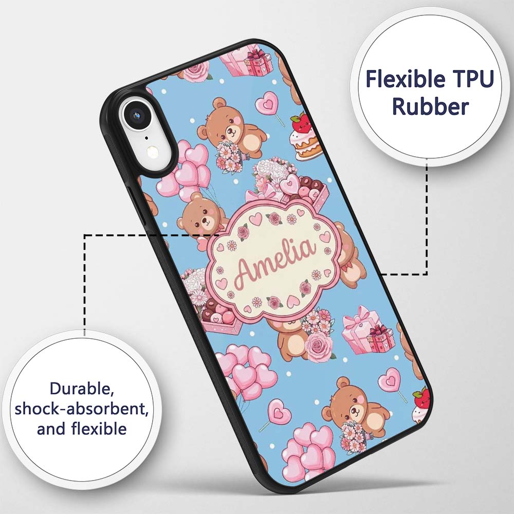 Cute Teddy Bears Gifts Hearts Blue Background Custom Name Protective Phone Case Mobile Cover Durable Everyday Smartphone Shock Resistant