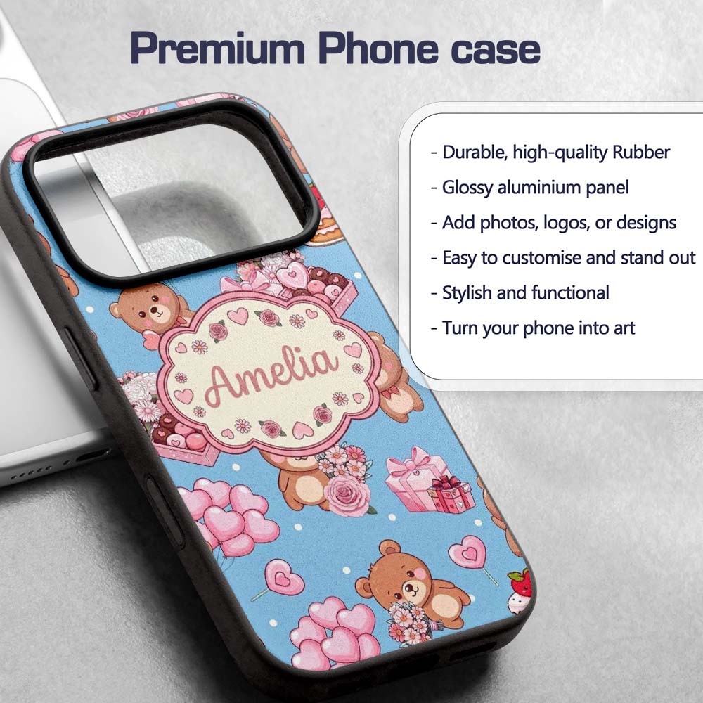 Cute Teddy Bears Gifts Hearts Blue Background Custom Name Protective Phone Case Mobile Cover Durable Everyday Smartphone Shock Resistant