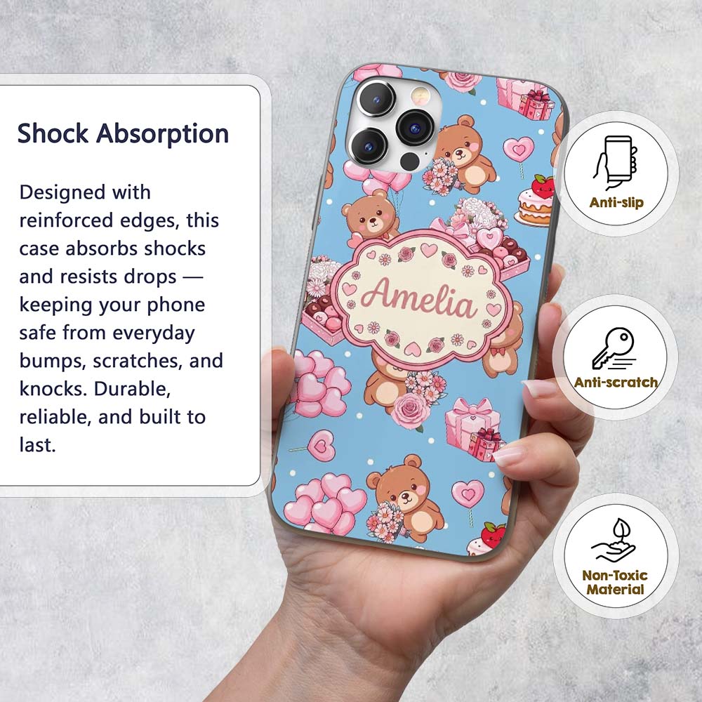 Cute Teddy Bears Gifts Hearts Blue Background Custom Name Protective Phone Case Mobile Cover Durable Everyday Smartphone Shock Resistant