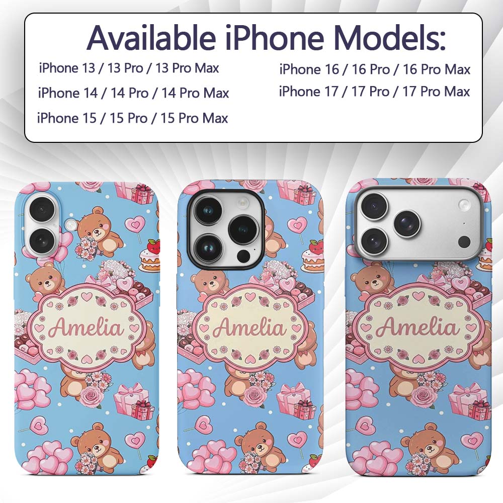 Cute Teddy Bears Gifts Hearts Blue Background Custom Name Protective Phone Case Mobile Cover Durable Everyday Smartphone Shock Resistant