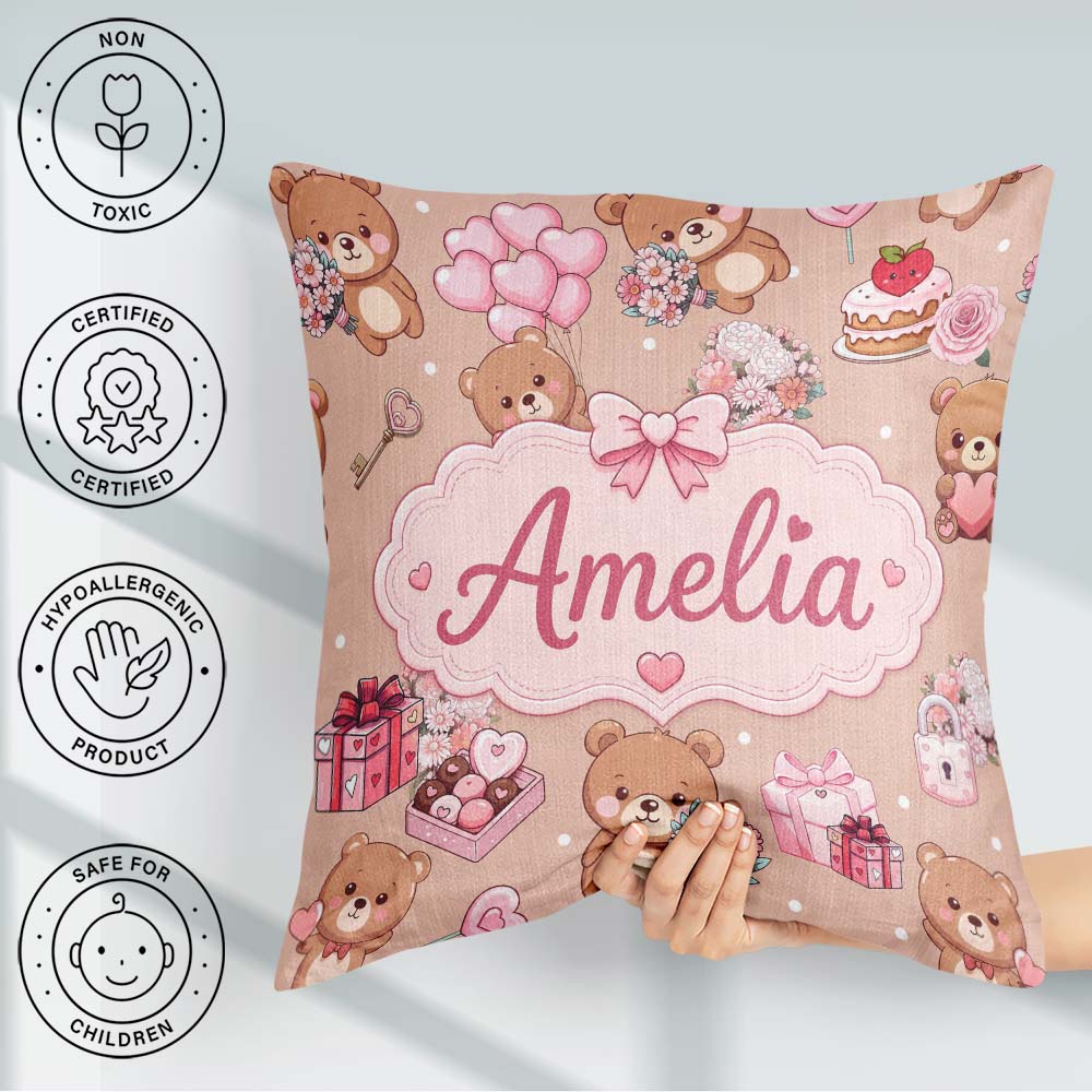 Custom Name Teddy Bears Gifts Hearts Brown Seamless Pattern Name Square Filled Cushion Throw Pillow Sofa Bed Home Decor Zip Washable UK Made