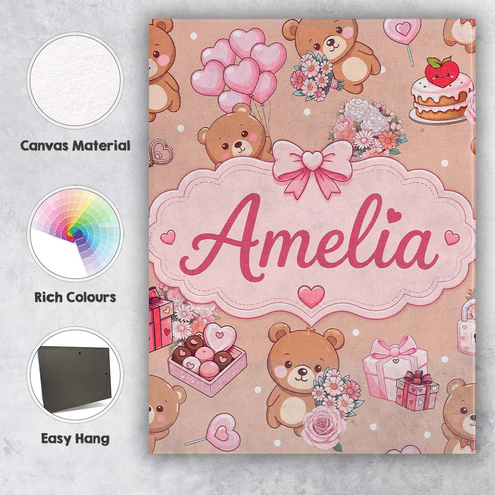 Personalised Name Cute Teddy Bears Gifts Custom Unique Gift Idea Elegant Feature Canvas Wall Art Print Decor Picture Ready to Hang