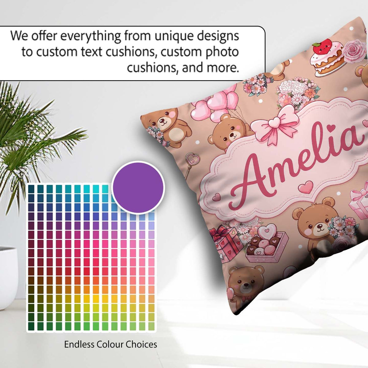 Custom Name Teddy Bears Gifts Hearts Brown Seamless Pattern Name Square Filled Cushion Throw Pillow Sofa Bed Home Decor Zip Washable UK Made