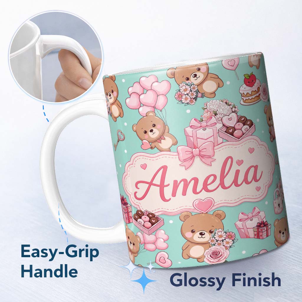 Personalized Custom Name Cute Teddy Bears Gifts Hearts Mint Background Seamless Pattern 11oz Ceramic Coffee Tea Mug White Large Handle