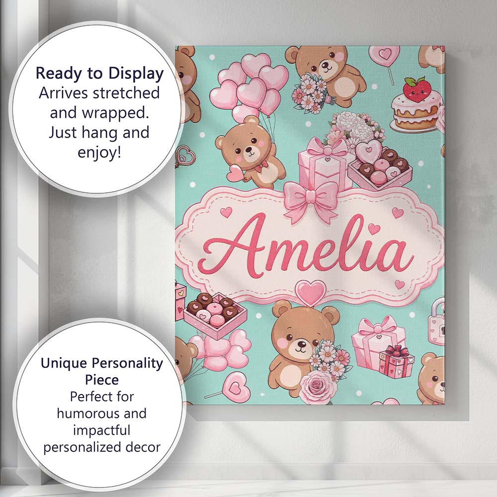Personalised Name Cute Teddy Bears Gifts Custom Unique Gift Idea Elegant Feature Canvas Wall Art Print Decor Picture Ready to Hang