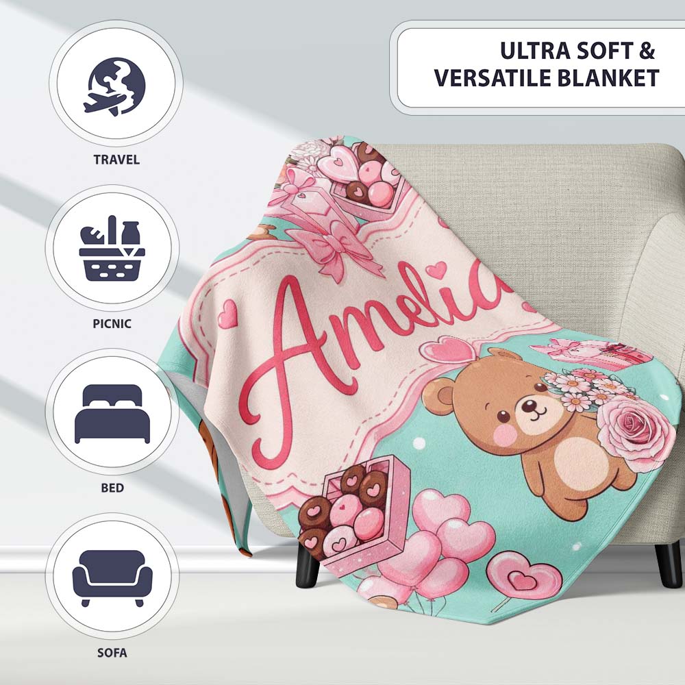 Cute Teddy Bears Gifts Hearts Mint Background Seamless Pattern Personalised Custom Name Super Soft Fleece Blanket Bed Sofa Throw
