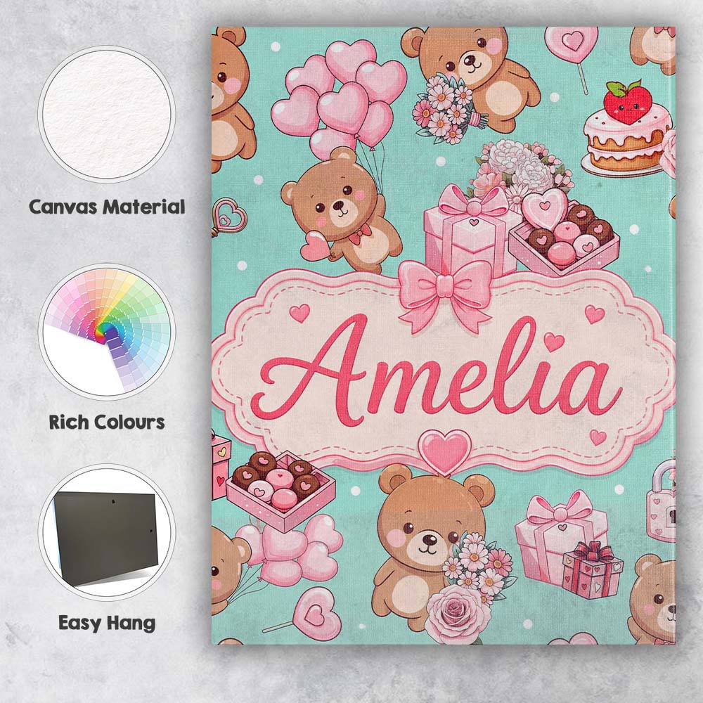 Personalised Name Cute Teddy Bears Gifts Custom Unique Gift Idea Elegant Feature Canvas Wall Art Print Decor Picture Ready to Hang
