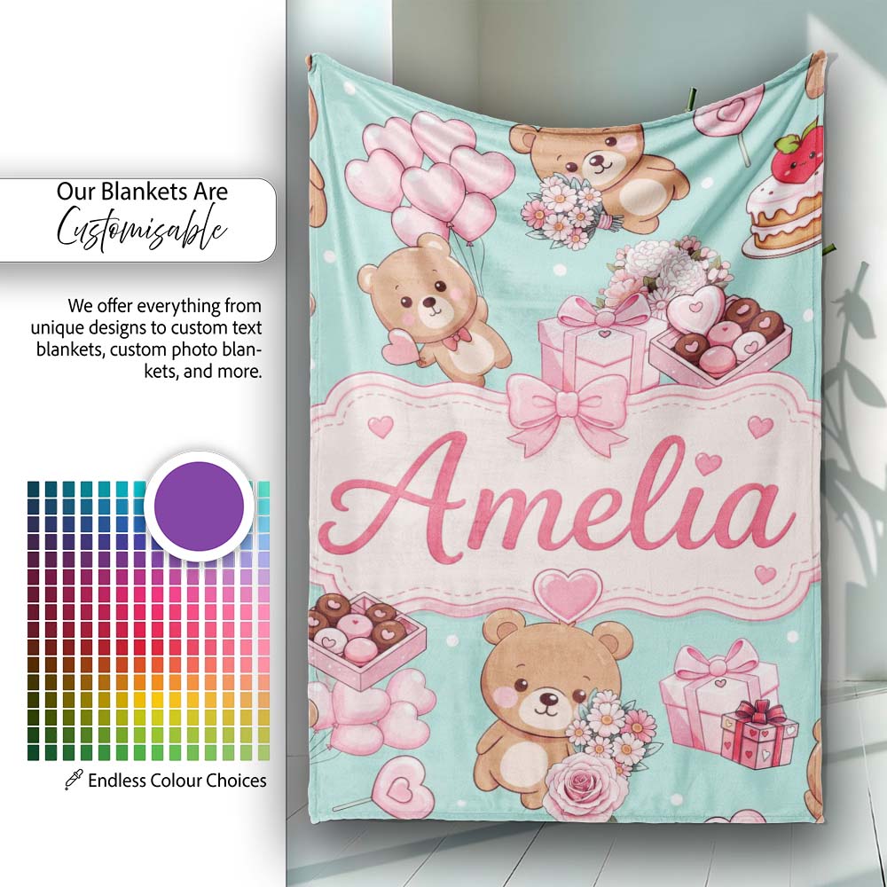 Cute Teddy Bears Gifts Hearts Mint Background Seamless Pattern Personalised Custom Name Super Soft Fleece Blanket Bed Sofa Throw