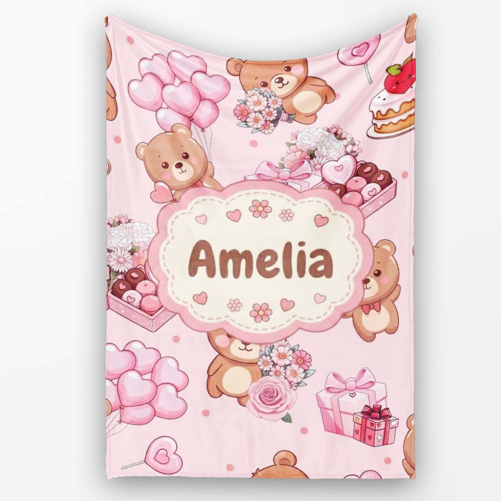 Cute Teddy Bears Gifts Hearts Light Pink Seamless Pattern Name Personalised Custom Name Super Soft Fleece Blanket Bed Sofa Throw