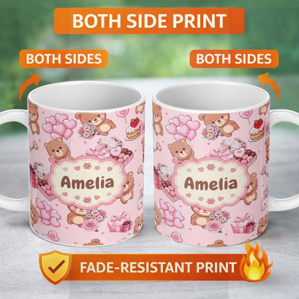 Personalized Custom Name Cute Teddy Bears Gifts Hearts Light Pink Seamless Pattern Name 11oz Ceramic Coffee Tea Mug White Large Handle