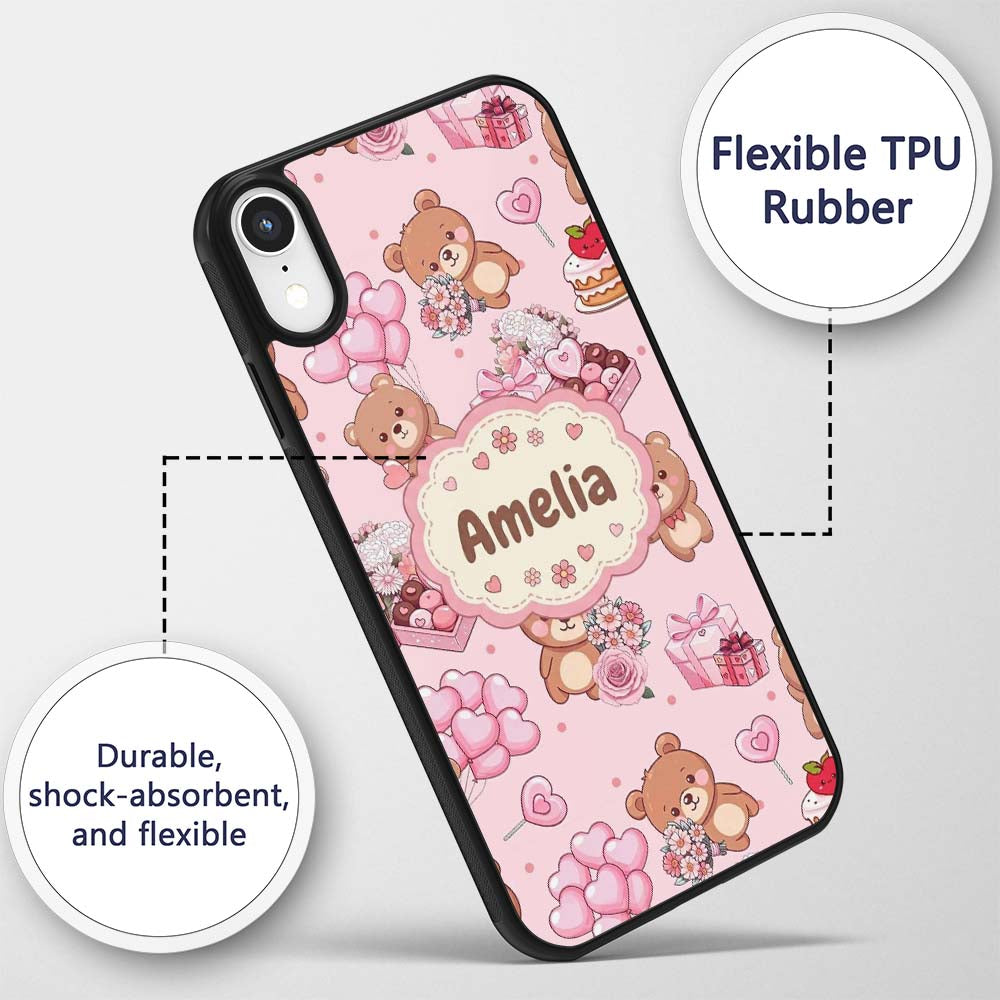 Cute Teddy Bears Gifts Hearts Light Pink Seamless Custom Name Protective Phone Case Mobile Cover Durable Everyday Smartphone Shock Resistant
