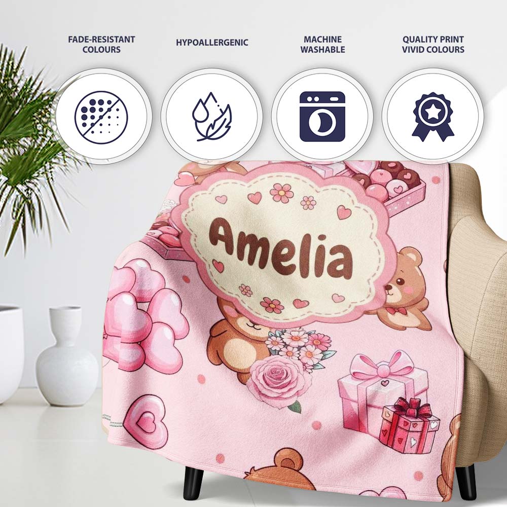 Cute Teddy Bears Gifts Hearts Light Pink Seamless Pattern Name Personalised Custom Name Super Soft Fleece Blanket Bed Sofa Throw