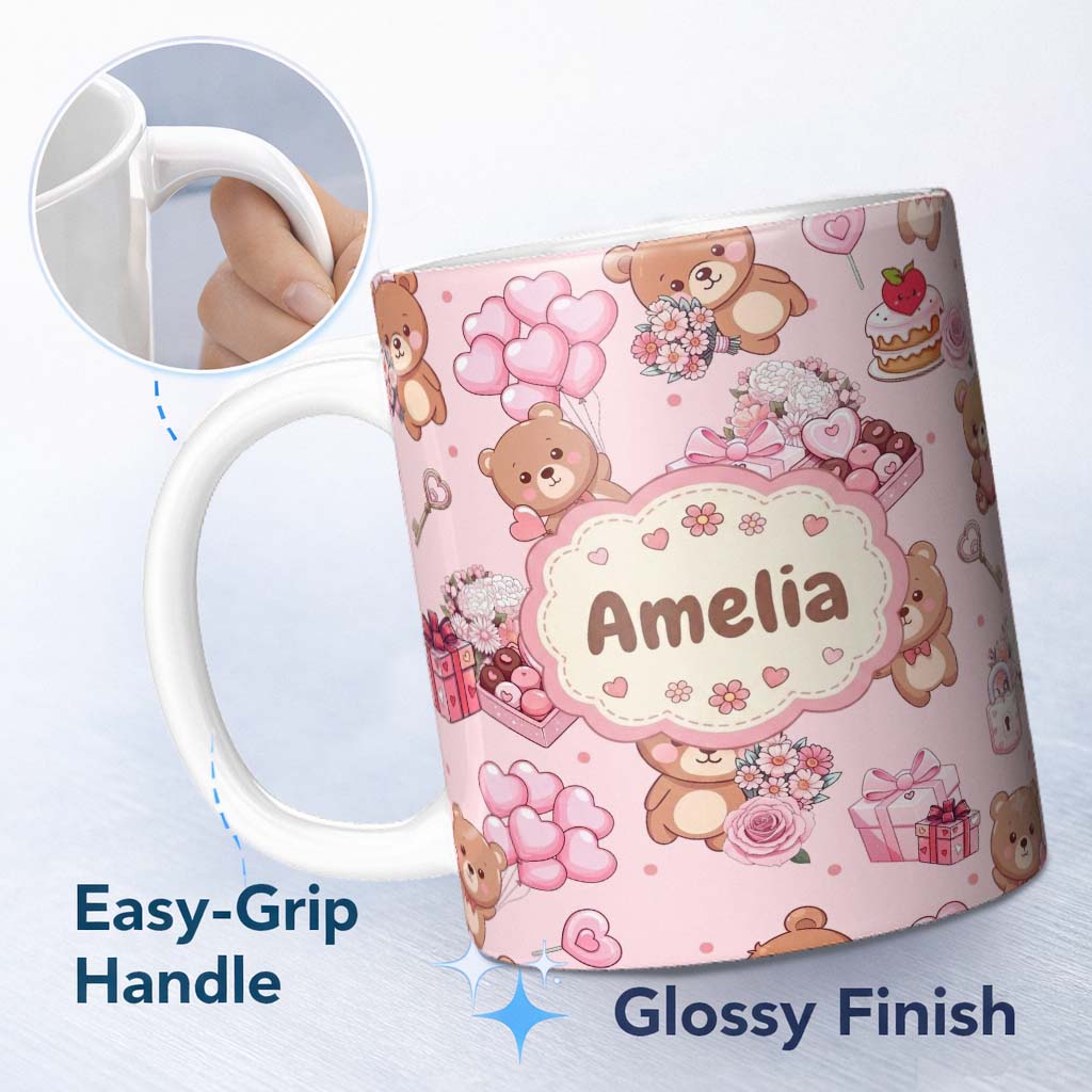 Personalized Custom Name Cute Teddy Bears Gifts Hearts Light Pink Seamless Pattern Name 11oz Ceramic Coffee Tea Mug White Large Handle