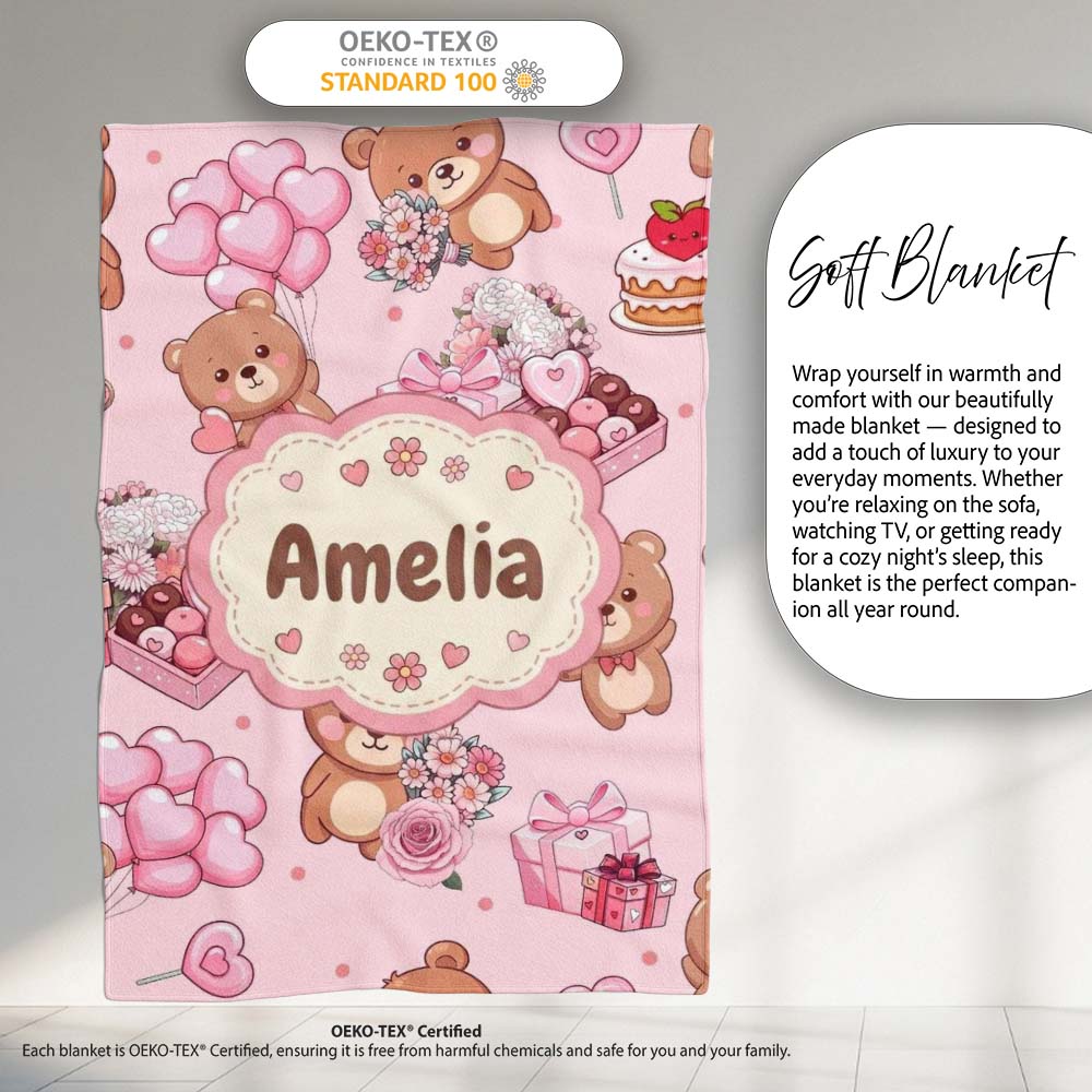 Cute Teddy Bears Gifts Hearts Light Pink Seamless Pattern Name Personalised Custom Name Super Soft Fleece Blanket Bed Sofa Throw