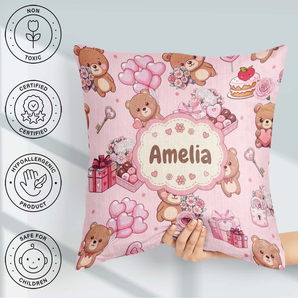 Custom Name Teddy Bears Gifts Hearts Light Pink Seamless Pattern Square Filled Cushion Throw Pillow Sofa Bed Home Decor Zip Washable UK Made
