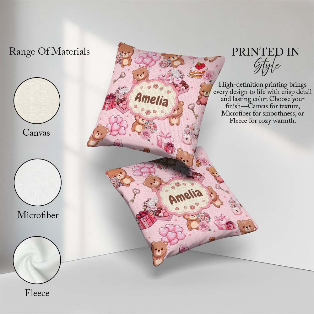 Custom Name Teddy Bears Gifts Hearts Light Pink Seamless Pattern Square Filled Cushion Throw Pillow Sofa Bed Home Decor Zip Washable UK Made