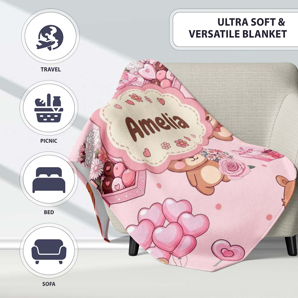 Cute Teddy Bears Gifts Hearts Light Pink Seamless Pattern Name Personalised Custom Name Super Soft Fleece Blanket Bed Sofa Throw