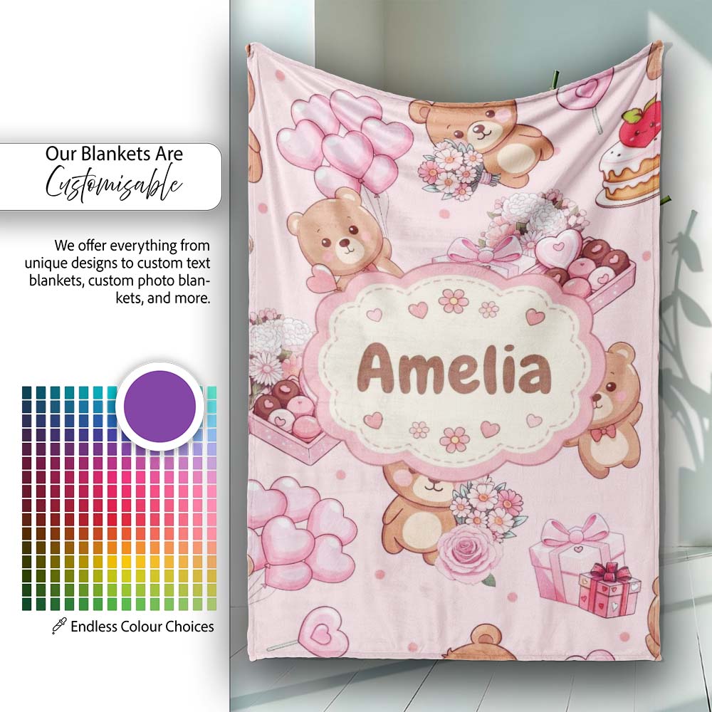 Cute Teddy Bears Gifts Hearts Light Pink Seamless Pattern Name Personalised Custom Name Super Soft Fleece Blanket Bed Sofa Throw