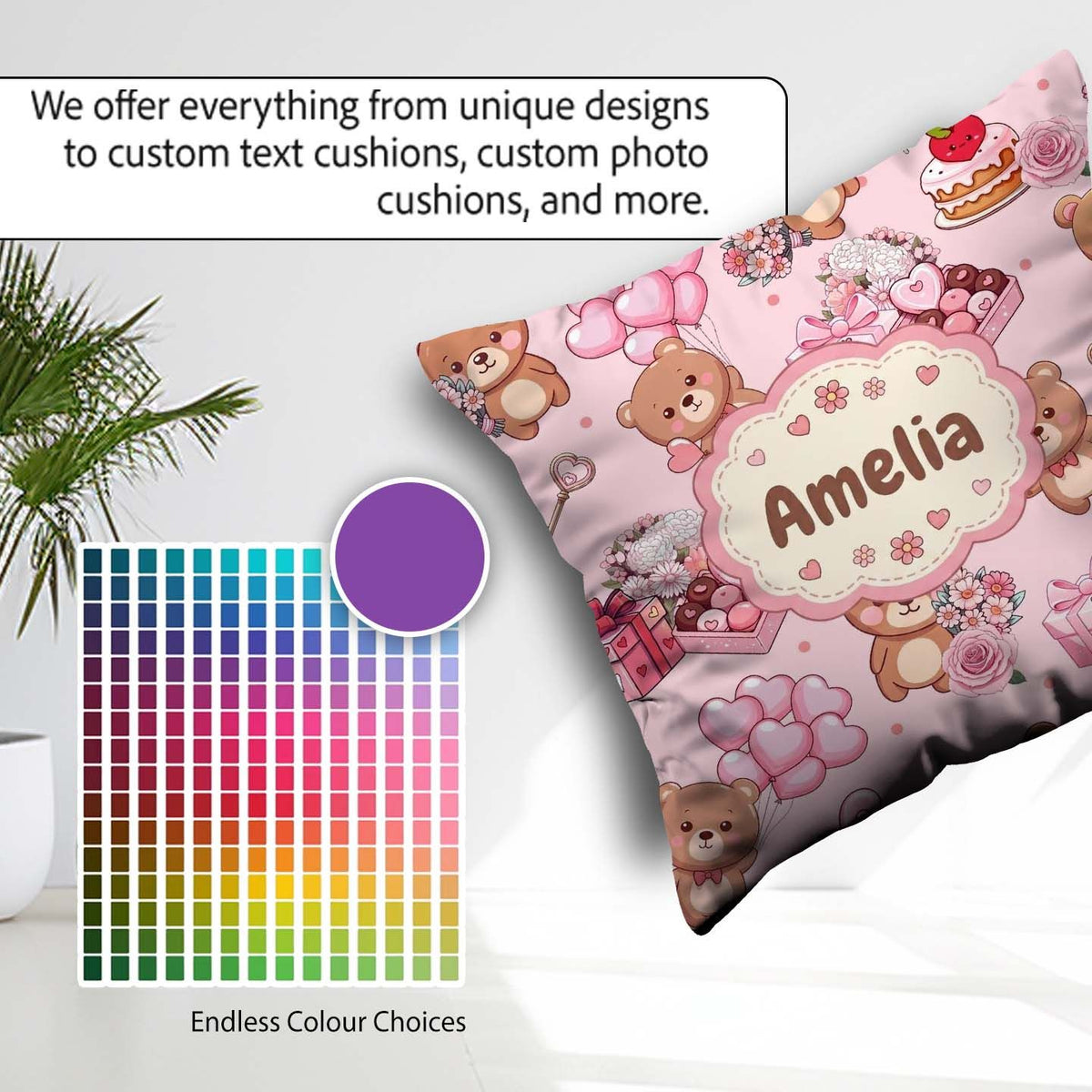 Custom Name Teddy Bears Gifts Hearts Light Pink Seamless Pattern Square Filled Cushion Throw Pillow Sofa Bed Home Decor Zip Washable UK Made