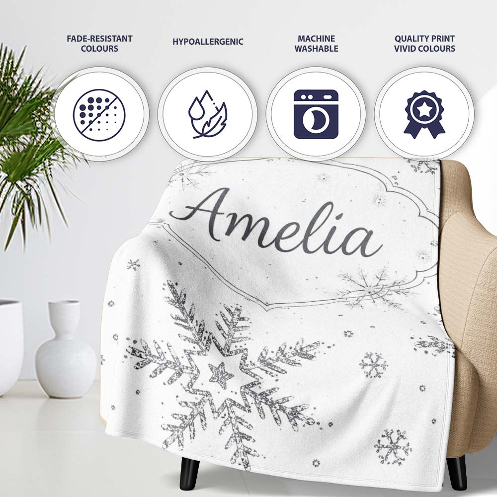 Black Snowflake Sketch Pattern on White Seamless Cute Unique Gift Personalised Custom Name Super Soft Fleece Blanket Bed Sofa Throw