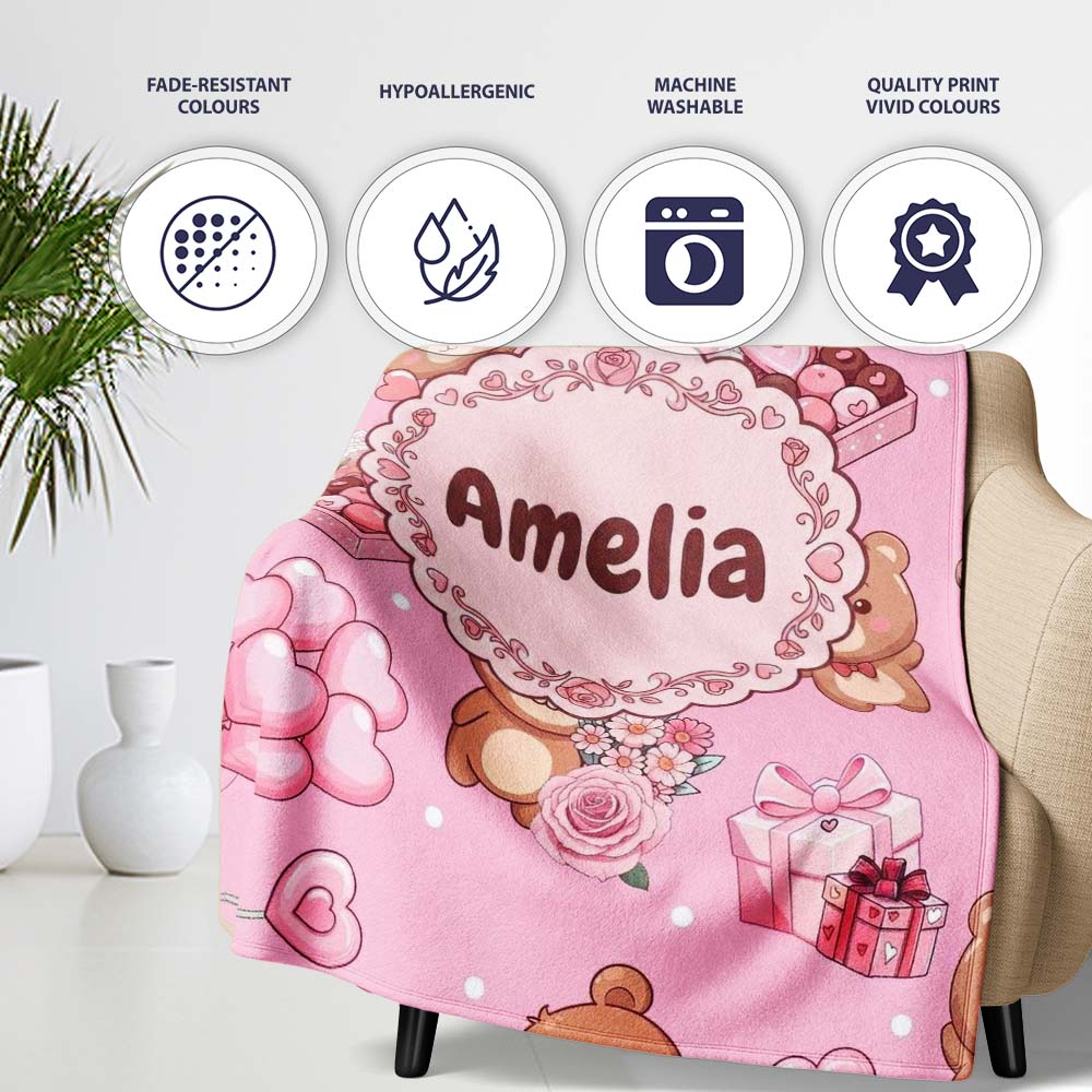 Cute Teddy Bears Gifts Hearts Soft Pink Background Seamless Pattern Personalised Custom Name Super Soft Fleece Blanket Bed Sofa Throw