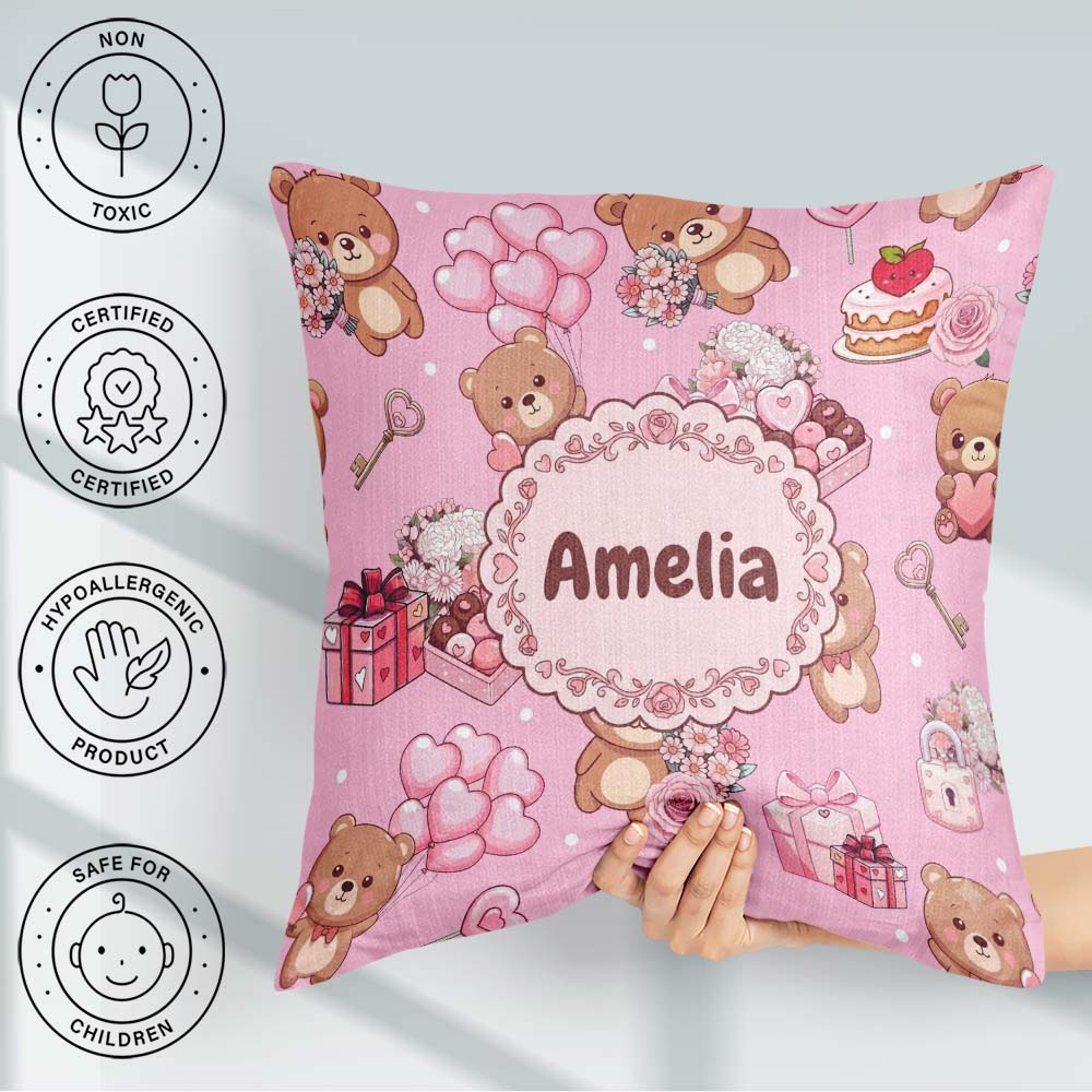 Custom Name Teddy Bears Gifts Hearts Soft Pink Seamless Pattern Square Filled Cushion Throw Pillow Sofa Bed Home Decor Zip Washable UK Made