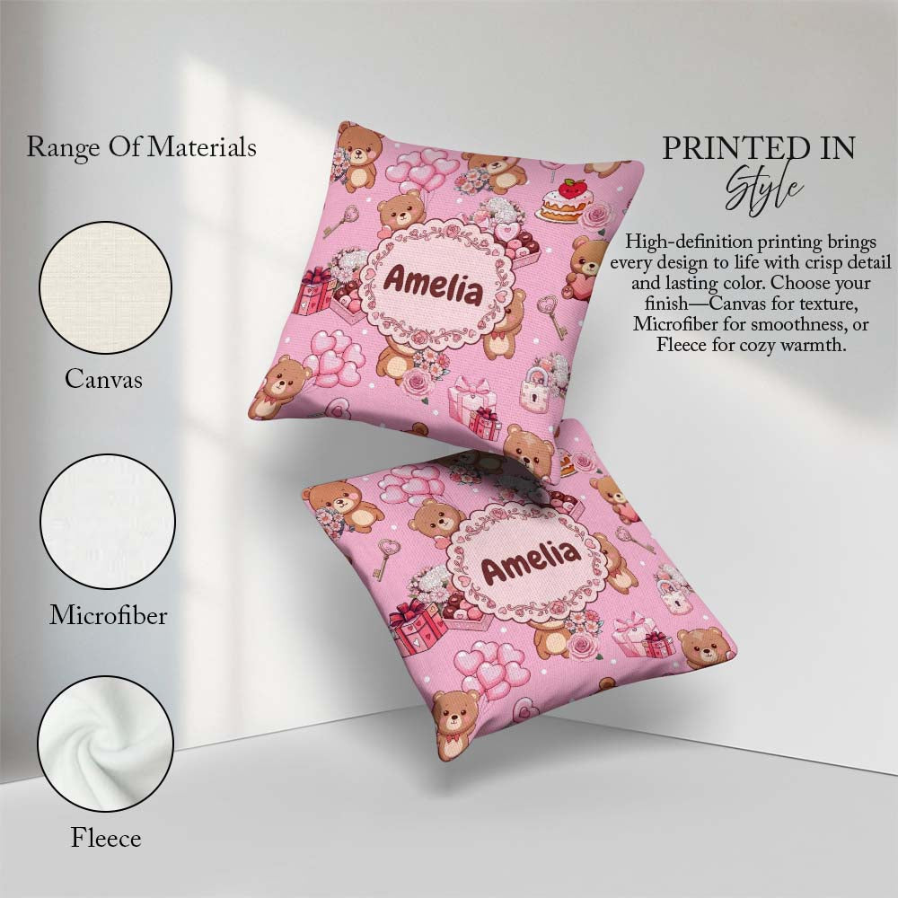 Custom Name Teddy Bears Gifts Hearts Soft Pink Seamless Pattern Square Filled Cushion Throw Pillow Sofa Bed Home Decor Zip Washable UK Made